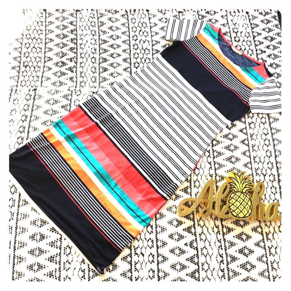 So Perla Navy & Coral Short Sleeve Striped Dress